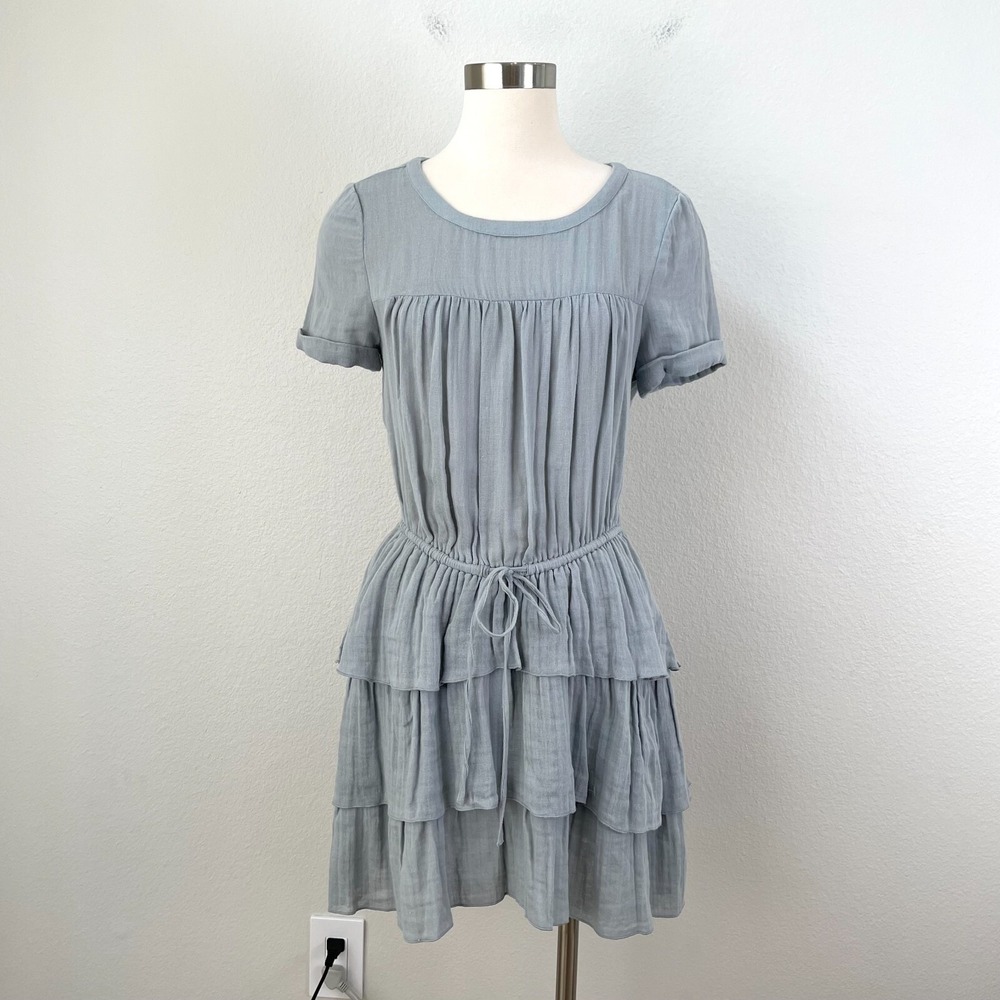 Piperlime Collection‎ Medium Gray Tiered Dress Gauzy Short Sleeve Waist Tie